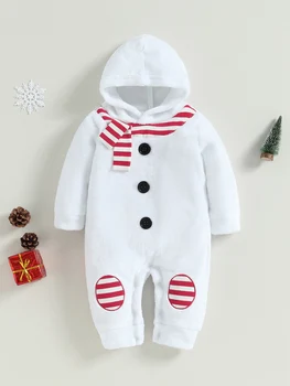 Милый детский зимний комбинезон унисекс с капюшоном, уютный детский зимний комбинезон с флисовой подкладкой и очаровательным рисунком снеговика