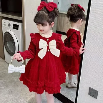 Платье для девочек, осенняя красная пышная юбка для девочек, детское платье с длинными рукавами для детей 3-8 лет, модная розовая газовая юбка с галстуком-бабочкой