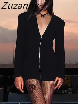 Zuzanny, Сексуальные вечерние платья с глубоким V-образным вырезом и длинным рукавом для женщин, Черное Элегантное Мини-короткое облегающее платье на молнии на осень-зиму 2023 г.