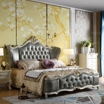 Итальянская европейская вилла из массива дерева, роскошная свадебная кровать с резьбой, мебель для спальни