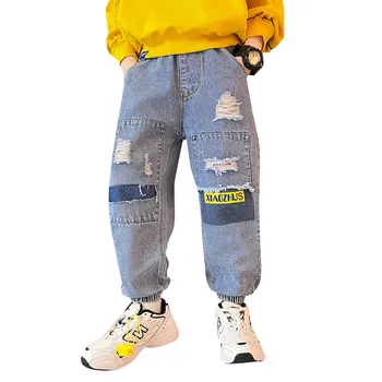 2023 Новая мода Весна Осень Повседневные джинсы для мальчиков однотонные брюки с дырками подростковые джинсовые рваные брюки Детская одежда