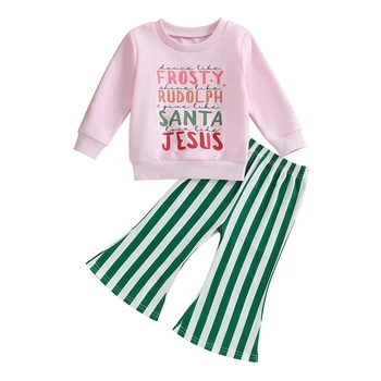 Наряды для маленьких девочек из 2 предметов, Рождественская толстовка с длинными рукавами и эластичными брюками-клеш в полоску, милая одежда