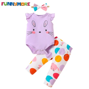 Funnymore/ Одежда для новорожденных девочек 0-18 месяцев, хлопковая детская одежда с короткими рукавами и рюшами с рисунком кролика и штанишки, комплект из 3 предметов
