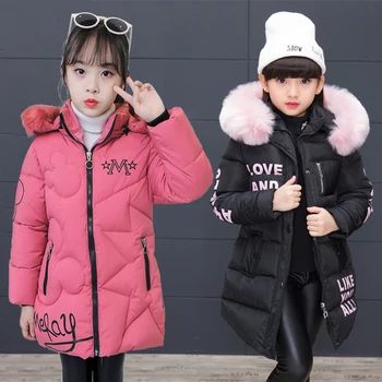 Куртки для девочек, зимние детские куртки, теплые пуховики для маленьких девочек, куртки с капюшоном с меховым воротником, модное пальто с буквами для девочек