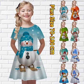 2022 Новая винтажная юбка Миди для маленькой девочки с круглым вырезом Рождественское платье принцессы Осень Зима юбка с коротким рукавом с принтом Снеговика