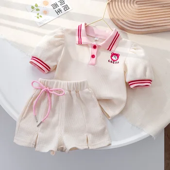 Летние дети 2023 года Комплект одежды из 2 предметов для маленьких девочек Хлопковая рубашка Поло с коротким рукавом Повседневные шорты Костюм для маленьких девочек