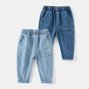 Джинсы для маленьких мальчиков, детские джинсовые брюки с эластичной резинкой на талии, весенне-осенние брюки для малышей 2023 года, детская одежда на пуговицах