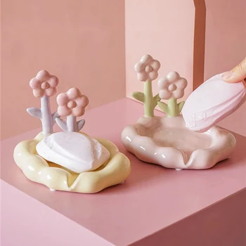 Цветочная керамическая мыльница Сливная пластина Мыльницы для ванной Комнаты Розовая Милая Мыльница для мытья посуды Поднос для хранения косметических принадлежностей для стола