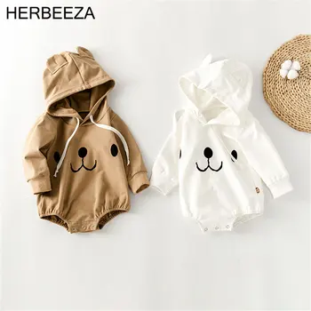 Хлопковый комбинезон с мультяшным мишкой для младенцев с капюшоном и длинными рукавами, одежда для маленьких мальчиков, одежда для новорожденных, боди для маленьких девочек
