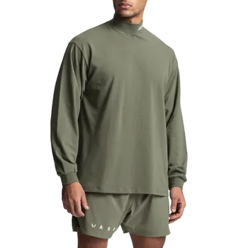 Мужская рубашка для фитнеса с длинным рукавом, пуловеры для тренировок в тренажерном зале, весенне-осенняя толстовка с имитацией горловины, спортивная базовая футболка для бега