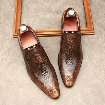 Роскошные мужские модельные туфли из натуральной кожи с крокодиловым узором ручной работы, британские модные свадебные туфли без застежки из лакированной кожи для мужчин