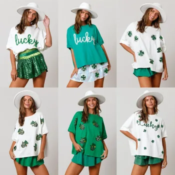 Шляпа Spring Clovers 2024, топ с блестками с надписью Lucky, Белая Зеленая свободная футболка с коротким рукавом для женщин