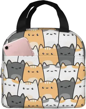 Изолированная сумка для ланча с милыми пухлыми кошками, ланч-бокс с мультяшным котенком, многоразовая водонепроницаемая сумка для ланча в школу, на работу, на пикник