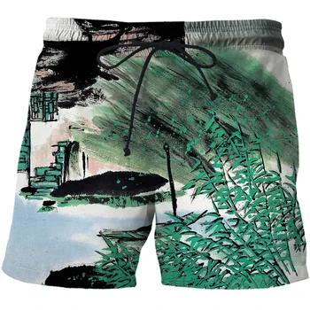 Китайская живопись кистью 3D Шорты С принтом Модные пляжные шорты Летние Повседневные впускающие воздух Шорты для купания Оверсайз для взрослых Шорты
