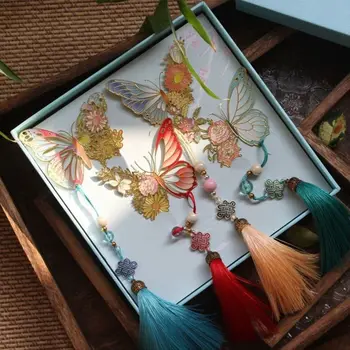 Металлическая закладка в китайском стиле, ретро-кисточка, зажим для книги, Канцелярский кулон, бабочка, закладка для учителя