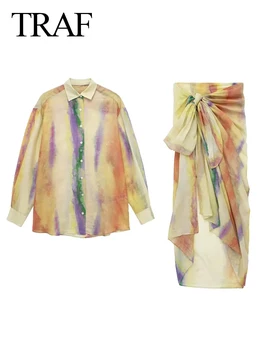 Комплект юбок TRAF Woman Tie Dye, Длинная рубашка, женская полупрозрачная рубашка на пуговицах + Юбка-парео с запахом, женские юбки