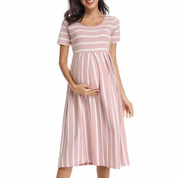 Женские летние Повседневные полосатые платья для беременных, одежда с коротким рукавом длиной до колен, платье для беременных, плиссированное платье для душа ребенка, Розовое