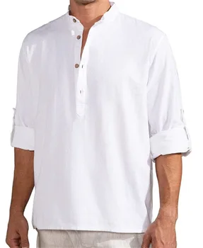 Летние хлопчатобумажные льняные мужские рубашки 2023 Года, повседневные однотонные топы на пуговицах с длинным рукавом и воротником-стойкой, Простая рабочая рубашка свободного кроя Для мужчин