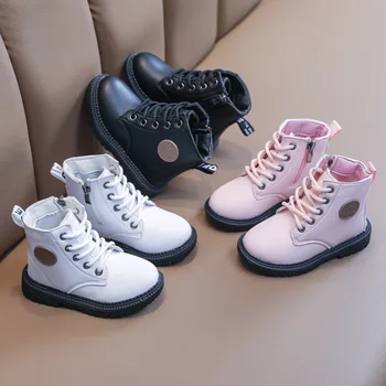 Размер 21-30 Демисезонные детские тонкие ботинки из искусственной кожи, детские полусапожки для маленьких девочек и мальчиков, повседневная обувь розового, белого, черного цвета