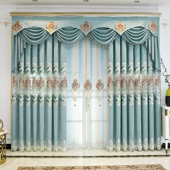 Синие высококачественные шторы для гостиной, золотая цветочная вышивка, синель, Роскошные Европейские жаккардовые шторы с цветочным оформлением окон