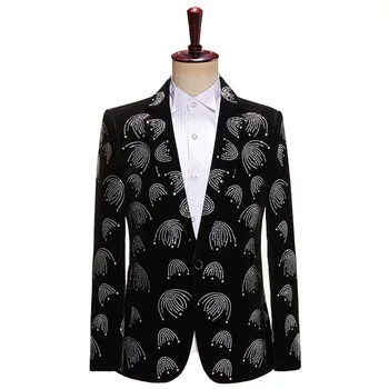 Мужской бархатный пиджак, блестящий мужской черный костюм, расшитый бисером, блейзер со стразами, блестящий сценический костюм