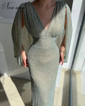 Современное светло-зеленое платье для выпускного вечера с V-образным вырезом, вечерние платья для особых случаев, женское вечернее платье Dubai Couture с длинными рукавами для свадеб