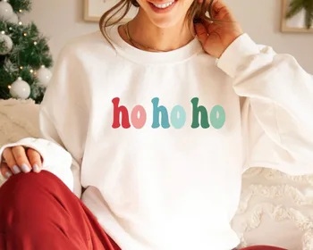 Толстовка Ho Ho Ho в стиле ретро, винтажная рубашка Merry Christmas, модный пуловер в стиле бохо, модный рождественский пуловер, топ для семейного отдыха, зимняя одежда Kawaii.