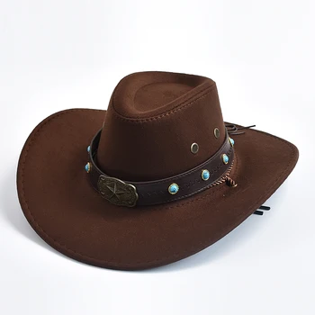 Винтажная мужская ковбойская шляпа в стиле вестерн из искусственной замши с широкими полями, джазовая кепка Cowgirl с кожаной праздничной шляпой для косплея