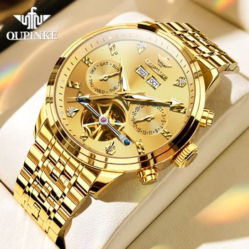 OUPINKE Роскошные золотые автоматические механические часы для мужчин, оригинальные модные часы с маховиком и скелетоном из нержавеющей стали Reloj Hombre