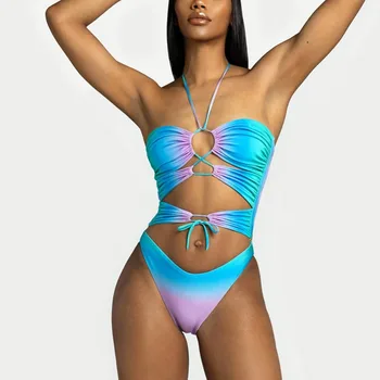 Женский купальник-бикини градиентного цвета, полый цельный сексуальный купальник с открытыми бретельками сзади, одежда для пляжного отдыха для девочек