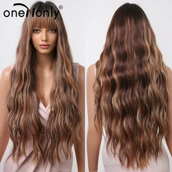 OneNonly Коричневые волнистые парики для чернокожих и белых женщин с челкой, парик из длинных натуральных синтетических волос для ежедневного косплея, термостойкий
