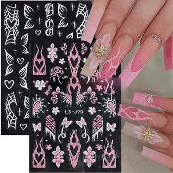5 Листов блестящих наклеек для ногтей Розовые, Белые, Светоотражающие Французские наконечники, наклейки для ногтей с пламенем и бабочкой, Дизайнерские Цветы, Слайдеры для маникюра