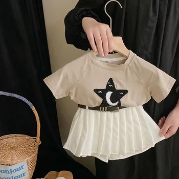Комплект детской одежды Для летней девочки, винтажная футболка с короткими рукавами и рисунком звезды, модный плиссированный комплект кюлотов, детская одежда из бутика