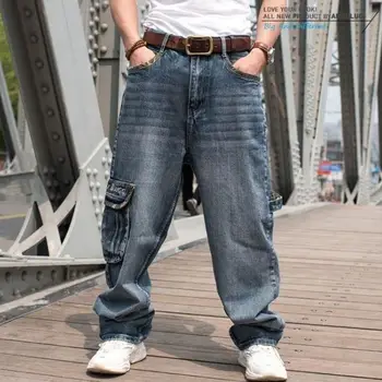 Модные мужские джинсы синего цвета, мешковатые, с множеством карманов, хип-хоп дизайнерский скейтборд, свободная уличная одежда с принтом большого размера, Harajuku