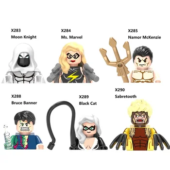 Супер герой Мисс Марвел, Саблезубый Черный кот, Звездный Лорд Брюс Баннер, Халк, Лунный рыцарь, строительные блоки, мини-фигурки, игрушки