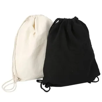 Холщовая сумка на плечах с завязками и карманами, студенческий рюкзак для покупок, хлопковая сумка для спортзала, дорожная сумка для хранения.
