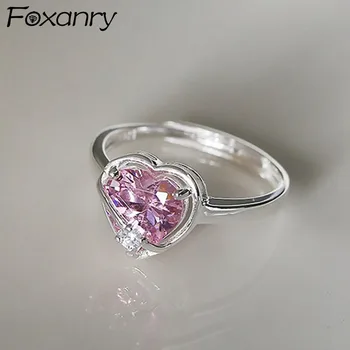 FOXANRY Серебристый цвет Розовый циркон Кольца на палец для женщин Новые модные креативные украшения с геометрическим сердечком на День рождения
