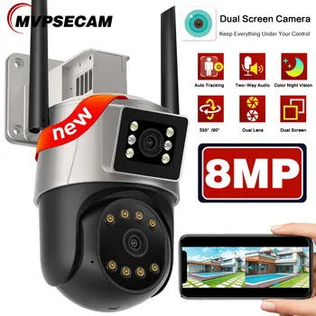 Камера Wi-Fi на открытом воздухе, двойной экран, двойной объектив, 8-мегапиксельная IP-камера 4K PTZ, цветная камера ночного видения, камера видеонаблюдения, автоматическое отслеживание ICSEE