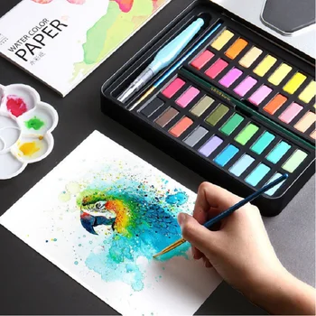 Набор акварельных красок 48/36/24 цветов, переносная коробка, твердый пигмент с водяными кистями и бумагой для художников и начинающих