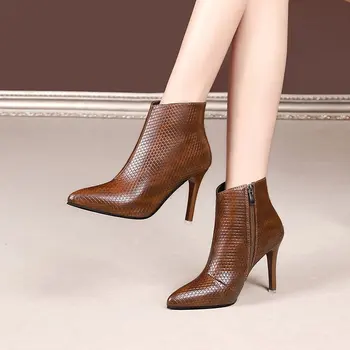 Женские ботинки, обувь большого размера, женские ботинки на молнии-Женские кожаные ботильоны большого размера с заостренным элегантным высоким каблуком, повседневная обувь из каучука 2023 года выпуска