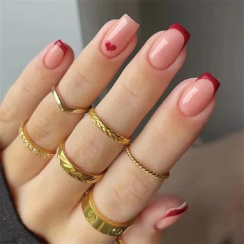 24p Искусственный акриловый нейл-арт, накладные ногти, полное покрытие, съемный пресс на кончиках ногтей, французский светло-розовый дизайн накладных ногтей в виде сердечка