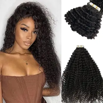 Лента для наращивания волос для чернокожих женщин, черная афро-лента для наращивания волос, настоящие человеческие волосы, кудрявая вьющаяся лента для наращивания человеческих волос