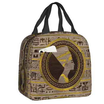 Пирографированная Золотая Нефертити Изолированная сумка для ланча для женщин Egyptian Queen Cooler Thermal Bento Box Outdoor Camping Travel