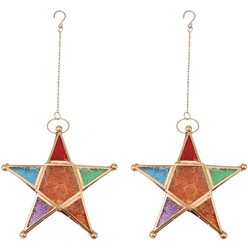 2X Разноцветных стеклянных чайных Подсвечника с Обетом в виде звезды, Подвесной Осветительный Фонарь