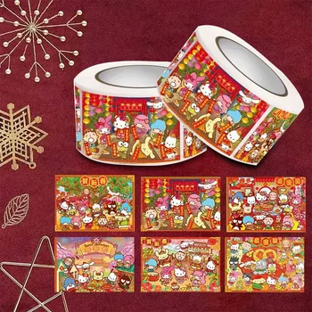 200 Листов/Рулон Новогодних Наклеек Kawaii Sanrio Hello Kitty Cinnamoroll Благословения Ручной Счет Печать Наклейки Украшение Наклейка