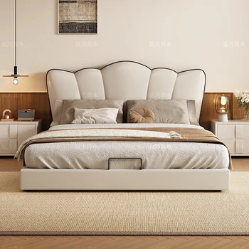Минималистичная кровать из воловьей кожи с верхним слоем, главная спальня, легкая роскошь, высококачественная двуспальная кровать, небольшой блок, массив дерева кремового цвета