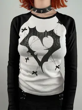 Женская винтажная рубашка Fairy Grunge, топы с длинным рукавом и принтом в виде сердца, облегающая футболка с круглым вырезом 90-х годов