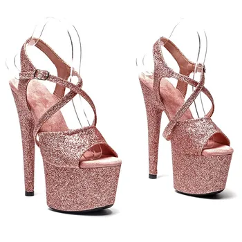 Женские босоножки нового цвета с блестящим верхом на высоком каблуке 17 см / 7 дюймов, пикантные модельные туфли для показа и обувь для танцев на шесте 116