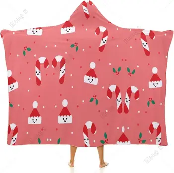 Женское рождественское одеяло с капюшоном Candy Cane Pink Xmas с 3D принтом, носимое плюшевое пончо, стираемая теплая толстовка из арктического флиса с капюшоном