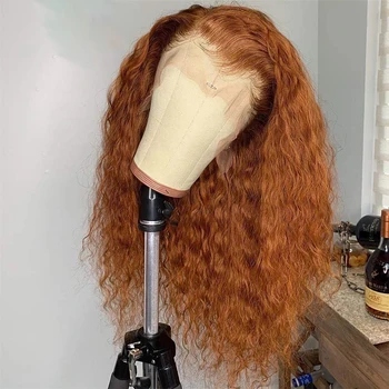 Средняя часть Мягкого предварительно выщипанного Имбирно-оранжевого бесклеевого 26-дюймового длинного кудрявого парика на кружеве спереди для чернокожих женщин Babyhair, выщипываемого ежедневно